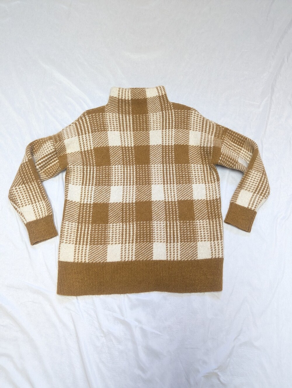 Madewell Heavyweight Alpaca Blend Carmel & Cream Plaid Mockneck Tunic Sweater S